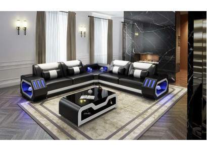 Sofá esquinero de cuero para sala de estar con asientos acolchados y luces LED.