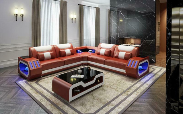 Sofá esquinero de cuero para sala de estar con asientos acolchados y luces LED.