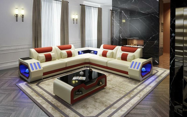 Sofá esquinero de cuero para sala de estar con asientos acolchados y luces LED.