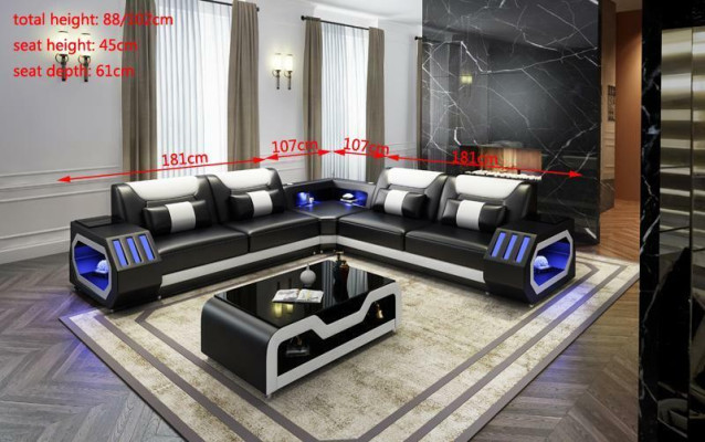 Sofá esquinero de cuero para sala de estar con asientos acolchados y luces LED.