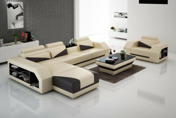 Sofá de cuero con chaise longue en forma de L con juego de sillones moderno.