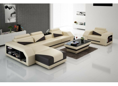 Sofá de cuero con chaise longue en forma de L con juego de sillones moderno.