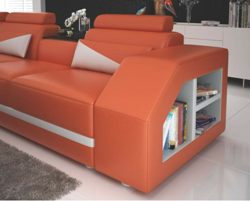 Sofá de cuero con chaise longue en forma de L con juego de sillones moderno.