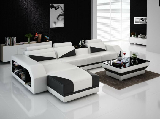 Sofá de cuero con chaise longue en forma de L con juego de sillones moderno.