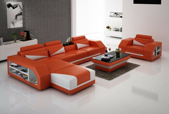 Sofá de cuero con chaise longue en forma de L con juego de sillones moderno.