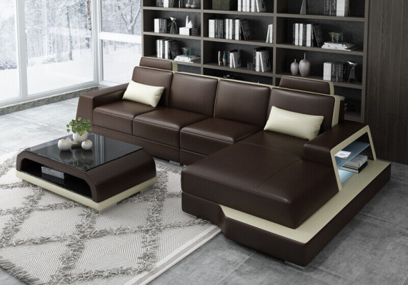 Sofá esquinero Sofá conjunto de estar en forma de L Sofá tapizado Sofá de cuero Beige Sofás
