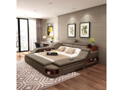 Diseño exclusivo de cama, camas tapizadas, estantes, caja de seguridad, estantes, cama doble.