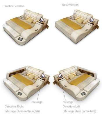 Cama funcional de lujo con caja fuerte, estante para laptop, camas dobles de matrimonio XXL de hotel de cuero.