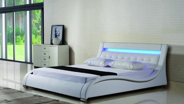 Cama de cuero Cama tapizada Cama Camas Cuero Cuero Acolchado Matrimonial con iluminación
