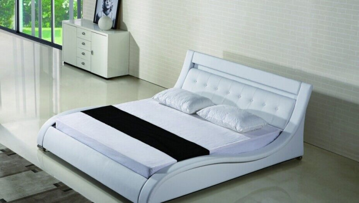 Cama de cuero Cama tapizada Cama Camas Cuero Cuero Acolchado Matrimonial con iluminación