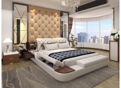 Diseño de cama multifuncional, cama doble tapizada, camas de lujo estilo Chesterfield.