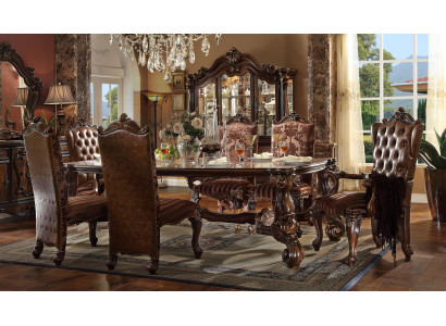 Mesa de comedor de madera clásica marrón + conjunto de comedor de 7 piezas Chesterfield con 6 sillas.