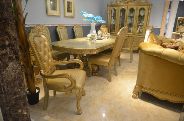 Mesa de comedor real con 6 sillas Conjunto completo de decoración para comedor de 7 piezas.