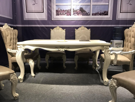 Juego de comedor barroco-rococó Mesa de comedor x6 Sillas de cuero Chesterfield