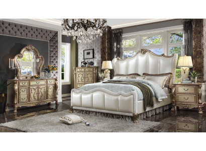 Conjunto Chesterfield de 3 piezas. Cama + 2 mesitas de noche, en estilo barroco para dormitorio.
