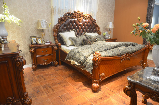 Cama acolchada de diseño de lujo, camas dobles de hotel, decoración de dormitorio de cuero