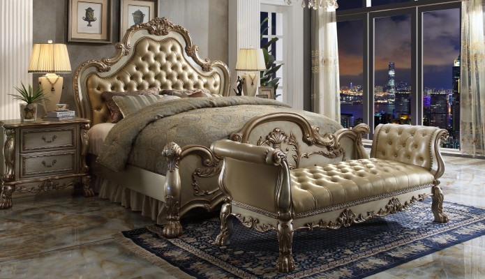 Chesterfield cama de lujo de cuero cama 2 x mesitas de noche taburete cama doble