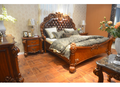 Juego de dormitorio Cama + 2 mesitas de noche Chesterfield madera cuero camas tapizadas.