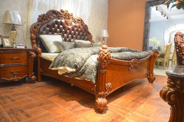 Juego de dormitorio Cama + 2 mesitas de noche Chesterfield madera cuero camas tapizadas.