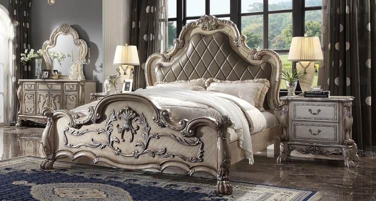 Cama doble de lujo barroco plateado diseño madera 200x200cm tapizado dormitorio nuevo