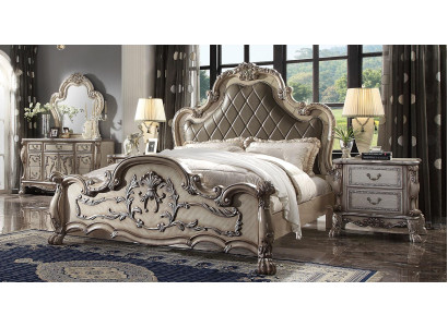 Cama doble de lujo barroco plateado diseño madera 200x200cm tapizado dormitorio nuevo