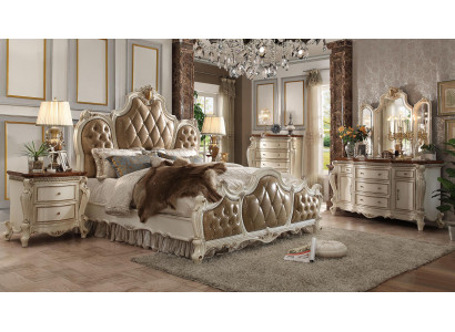 Dormitorio Set Mesillas de noche Cama 5 piezas. Estilo rococó barroco antiguo Madera Cama