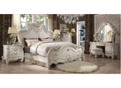 Conjunto clásico de dormitorio Cama Mesita de noche Taburete Tocador Espejo