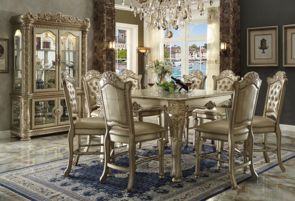 Conjunto de comedor clásico dorado: mesa de comedor rectangular, 8 sillas Chesterfield, vitrina. Juego de 10 piezas.
