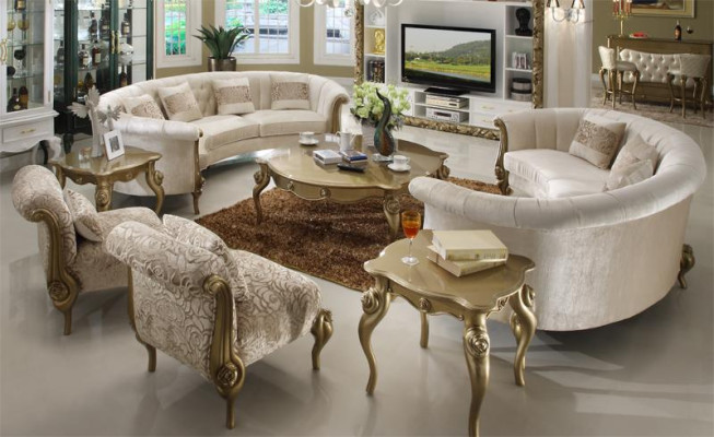 Diseño de juego de sofás de 4 + 4 plazas, mesa de café redonda, sofá tapizado, sofás clásicos nuevos.