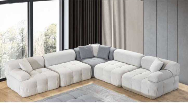 Sofá blanco en forma de L para sala de estar, sofá esquinero, sofá moderno + taburete, muebles de lujo.
