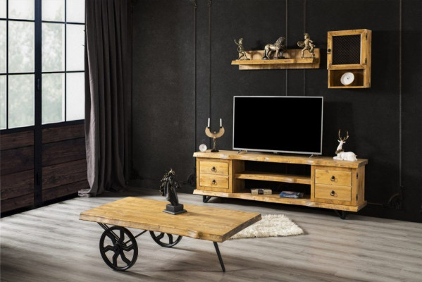 Mueble de salón de madera real de lujo en marrón con mesa de centro con ruedas. Armario rústico.