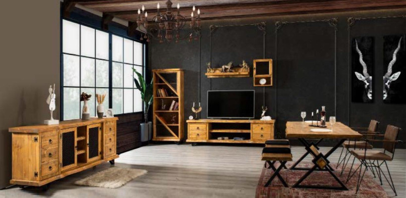 Mueble de salón de madera real de lujo en marrón con mesa de centro con ruedas. Armario rústico.