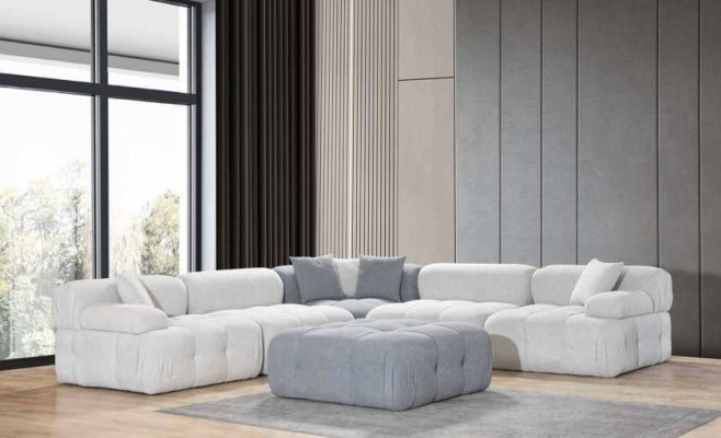 Sofá blanco en forma de L para sala de estar, sofá esquinero, sofá moderno + taburete, muebles de lujo.
