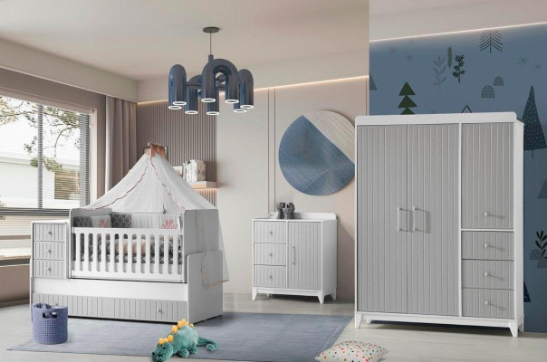 Juego completo para habitación infantil: cómoda, armario, cama infantil color gris.