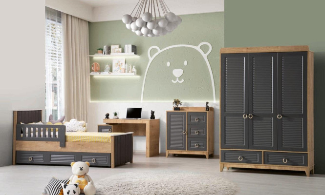 Conjunto completo de muebles para niños cama de madera Dormitorio infantil gris de 4 piezas.