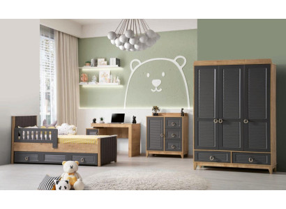 Conjunto completo de muebles para niños cama de madera Dormitorio infantil gris de 4 piezas.