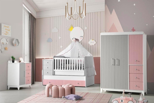 Set de habitación infantil lujoso de 3 piezas. Elegante cómoda, armario y cama multicolor.