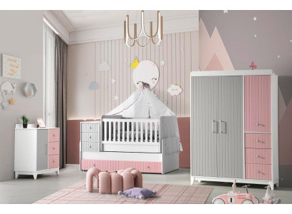 Set de habitación infantil lujoso de 3 piezas. Elegante cómoda, armario y cama multicolor.