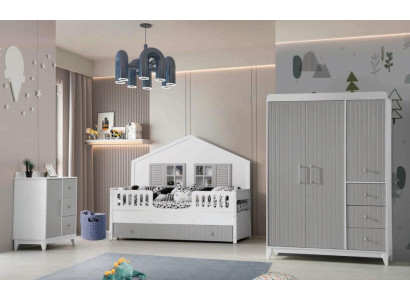 Conjunto de dormitorio para niños de 3 piezas elegante: cómoda, armario, cama clara.