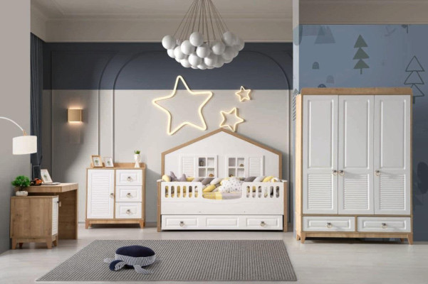 Conjunto de habitación infantil moderna cama armario escritorio luminoso 4 piezas nuevo
