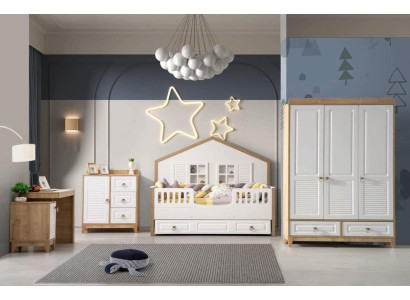 Conjunto de habitación infantil moderna cama armario escritorio luminoso 4 piezas nuevo