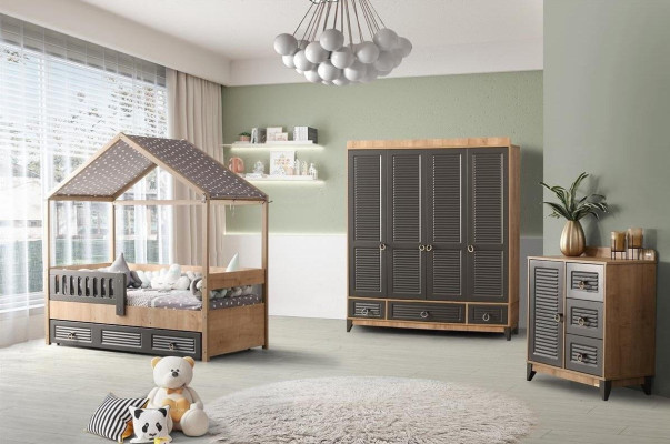 Conjunto de habitación juvenil gris, cómoda, armario y cama de 3 piezas.