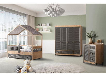 Conjunto de habitación juvenil gris, cómoda, armario y cama de 3 piezas.