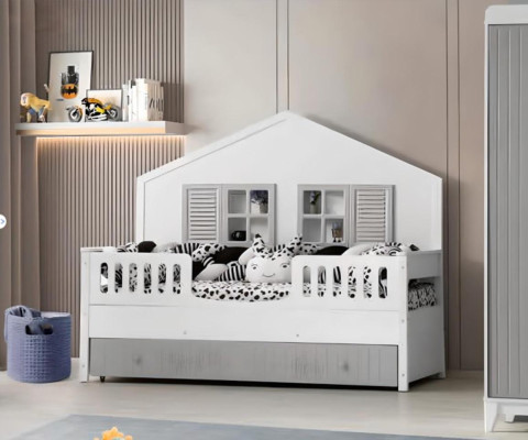 Moderna cuna para niños color gris, diseño lujoso de muebles para los más pequeños.