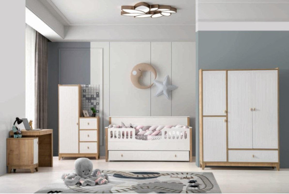 Conjunto de habitación infantil elegante cama 2 armarios escritorio blanco de 5 piezas