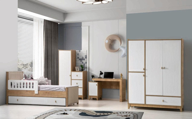 Conjunto de habitación infantil completo Cama 2x Armario Mesa Claro 4 piezas Nuevo.