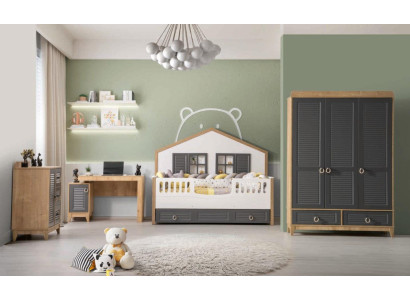 lujoso Conjunto completo de muebles infantiles Cama de madera de 4 piezas Set de habitación infantil Gris