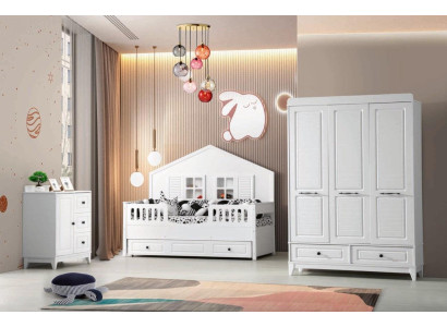 Elegante conjunto completo de habitación juvenil de lujo de 3 piezas en color blanco.