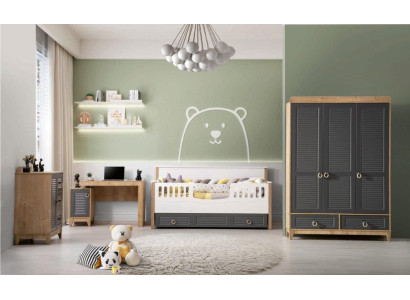 Lujoso conjunto de muebles infantiles para habitación de niños Cama infantil gris de madera Juego de 4 piezas.