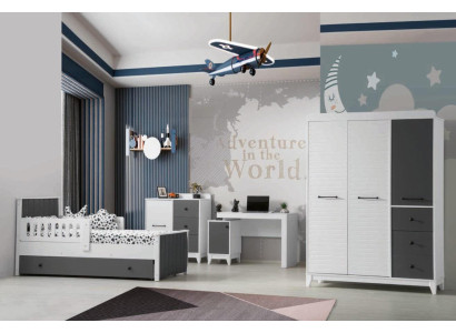 Conjunto de habitación infantil moderna compuesto por cama, armario, cómoda, y mesa de 4 piezas.